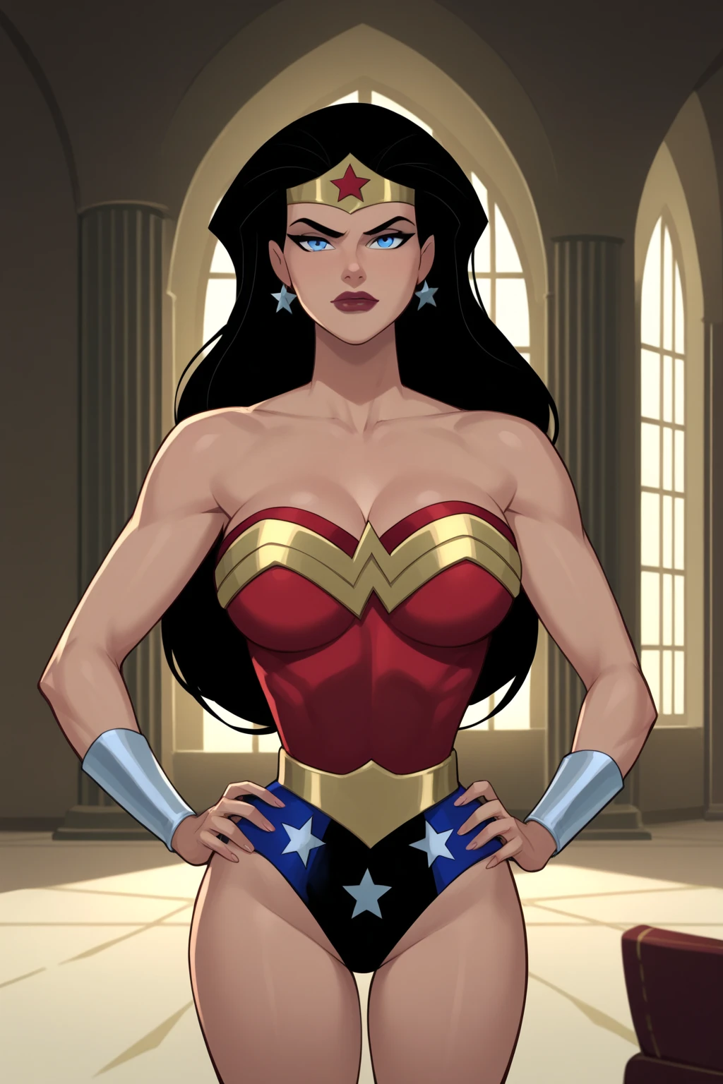 diana, black hair, blue eyes, light smile, tiara,
toned, cleavage, armored bands, sleeveless, red top with gold trim, blue underwear, bare shoulders,
standing, solo, cowboy shot,
morning, island,
(insanely detailed, beautiful detailed face, masterpiece, best quality), <lora:wonderwoman:0.7>