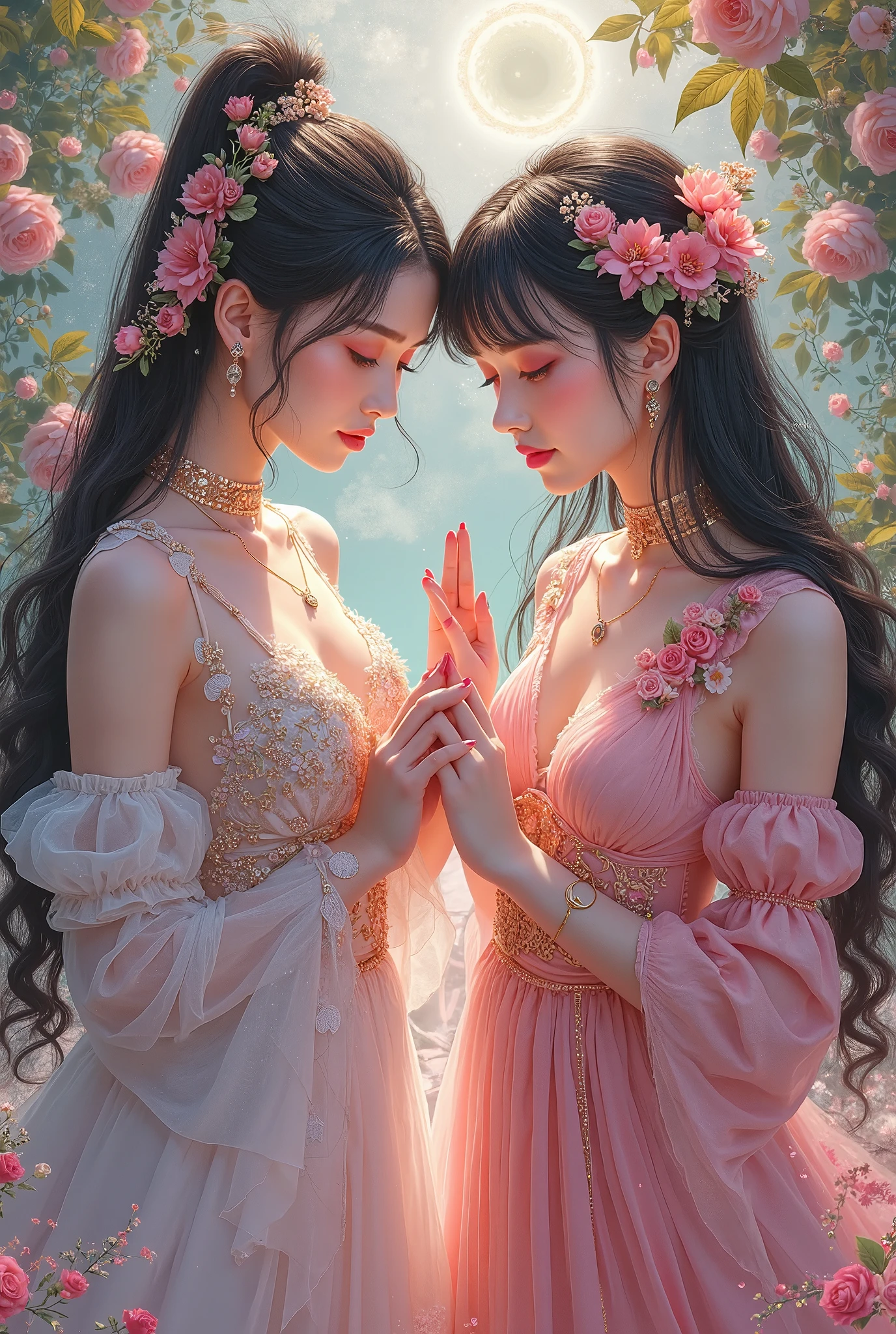 Create a 6 profile picture of a Matured Women but different faces and hair style wearing a pink beach dress she is holding a pink tulips with her both hands and her hair is brown and the background is beach theme wedding she is a bridesmaid full body please