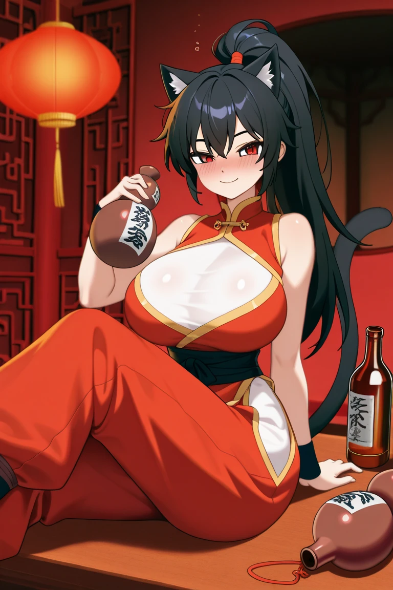 1 girl, game CG, pasties topless playboy bunny, rabbit ear hair ornament, rabbit tail accessory, gigantic breasts, black hair, long hair, ponytail, princess hairstyle, ahoge, red eyes, indoors, pov,