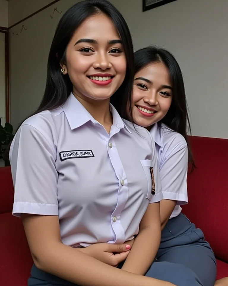 Belgian-Indonesian couple, beautiful 17 year old girl and handsome 18 year old boy, deeply kiss each other, and the boy holds the girl's neck and breast, the girl's mouth is open with a pleasant expression, updo hair style brown colour, medium breasts, tempting cleavage, standing in crowded bus school, the girl is wearing uniform school with unbottoned white shirt, flared material, the boy wearing white collared shirt and gray trousers, in crowded bis school.