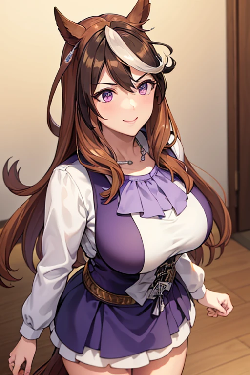 (fantasy style), floral background, romance manhwa, 1girl, nicenature, solo, horse ears, horse girl, flower, dress, tiara, white dress, gloves, long sleeves, thick eyeblows, purple dress, white gloves, purple bow, purple flower, standing, bow, jewelry, looking at viewer, white background, closed mouth, collarbone, smile, puffy sleeves, hands on hip, upper body, parted bangs, brown hair, frills, bangs, cowboy shot, gigantic sagging breasts, cleavage