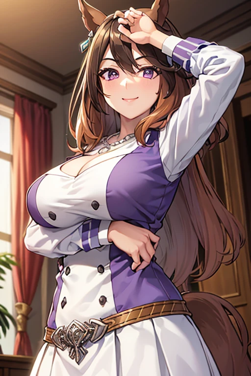 Anime, 1 girl, solo, kimtag, KAL, brown hair, long hair, purple eyes, Kashino, Kashino's hairstyle, shy expression, busty, firm plump body, genetics's uniform , Juliet sleeves, deep cleavage,, skirt,