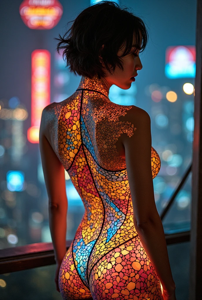 (masterpiece, Highest quality), 8k,(((Very detailed))), Race:1.8, Super intricate Race pattern, colorful Race pattern, Glowing stained glass transparent body, Mandala,light up, 1 female, Open Back, , Japanese, Photo of Lee Jae,, sultry body with セクシー belly, Sexy girl, Young sensual elegance, Sexy body, Sexy look, Very Short Hair、Shooting at a port with a beautiful night view、 Intelligent face、Narrow waist、Large Breasts、Smile a little、EOS 50mm F2, Blur the background、Lighting the face、whole body、See-through sexy swimsuit、Bite, Looking into the distance、