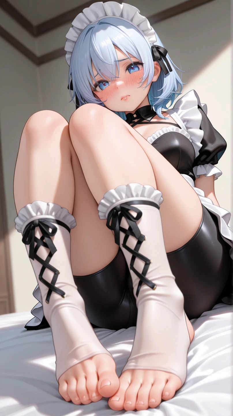 score_9, score_8_up, score_7_up, rem_\(re:zero\)
blue_eyes,hair_over_one_eye,short_hair,blue_hair,hair_ribbon,roswaal_mansion_maid_uniform, 1girl, solo, sitting, crossed legs, from below