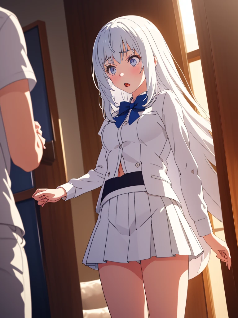 2D, HD, Detailed details, top-quality, Highly detailed, masterpiece, best quality, highres, solo, 1girl, Irisphilia, long hair, looking at viewer, shirt, red eyes, hair between eyes, closed mouth, ponytail, white hair, shirt, anime styled, breast, teen, undressing, taking off clothes, panty drop, panties drop, panty pull, blush, navel, bedroom, stand, night, half body, white panty, windows
