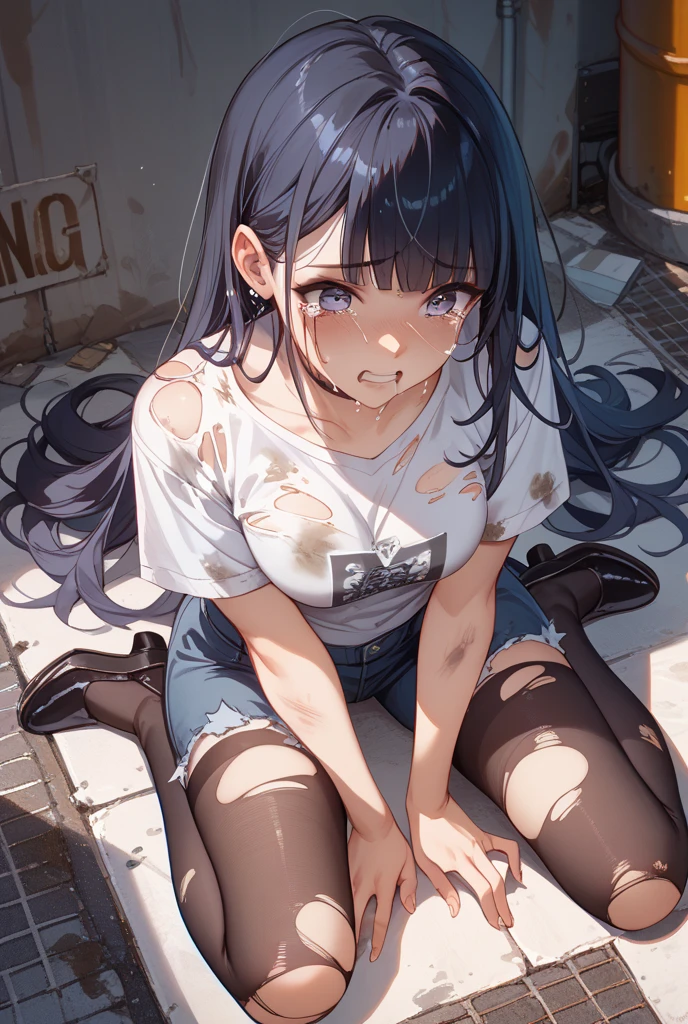 girl sitting with legs spread on the floor with sad expression、Pretty Face、A dark-haired、Pubic hair grows、 ((Crying))、Undersized udder、Look at the sky with empty eyes、((white mucus dripping from genitIn a dark abandoned house、Black miniskirt、bra very