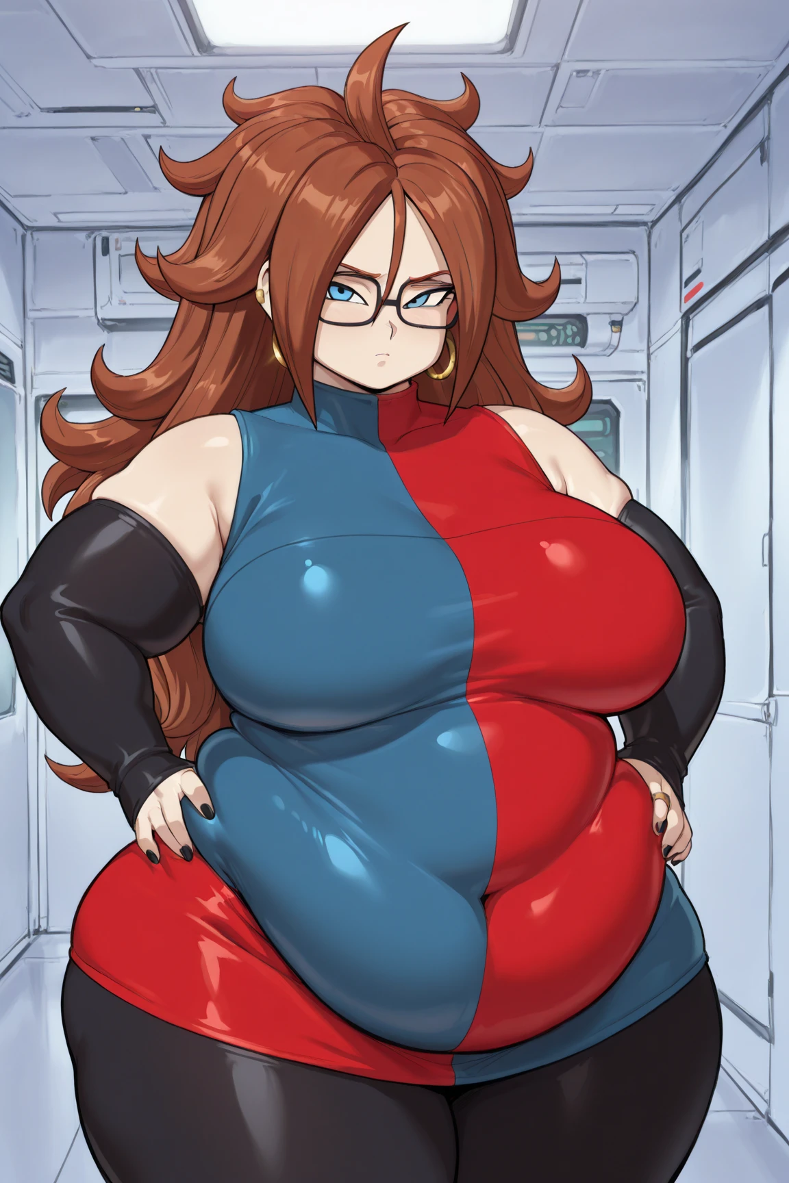 Image view: from above, all together and looking up in the CLASSROOM CLASSROOM. (Teacher: with medium breasts, red hair and wearing her teacher's uniform). (Director: naughty, mischievous-looking, medium-breasted, blue-haired and wearing a tight suit). (Student: wearing glasses, not very chubby, with big breasts, blond hair wearing a school uniform).