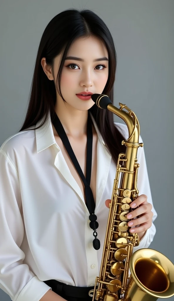 Top-quality Realistic,Official art,Highly detailed CG Unity 8k wallpaper,ultra-detailliert,hight resolution,Physically-based rendering,Magnificat,finely detail,masterpiece,Best Quality,ultra detailed,Mature beauty,Beautiful women,1girl,moist lips,sexy lips,Sexy smile,Gentle smile, 20 years old, Beautiful bare skin,Smooth bare skin, big well-shaped breasts, beautiful cleavage,beautiful Mature body,swept bangs,(medium hair:1.3), beautiful detailed eyes,model shoot style,Japanese Idol,full-body, ((Standing along the shore of the beautiful Adriatic Sea)),BREAK,((naked shirt:1.3)),BREAK,((playing the saxophone:1.3)),Delicately expressed eyes,cute smile,A gentle smile like a goddess,beautiful hands and fingers,shoot from below, (Extreme close-up)