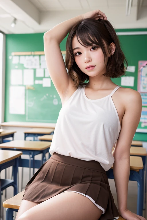 (((medium hair))), best quality, 8K, HDR, highres, absurdres:1.2, blurry background, bokeh:1.2, Photography, (RAW photo:1.2), (photorealistic:1.4), (masterpiece:1.3), (intricate details:1.2), 1girl, solo, japanese girl, delicate, beautiful detailed, (detailed eyes), (detailed facial features), petite, (((small breasts))), skin tight, (looking_at_viewer), from_front, (skinny), (best quality:1.4), (ultra highres:1.2), cinema light, (extreme detailed illustration), (lipgloss, best quality, ultra highres, depth of field, caustics, Broad lighting, natural shading, 85mm, f/1.4, ISO 200, 1/160s:0.75),1girl, solo, (((blue vest))) smile, ((school uniform, pleated skirt with checker pattern, classroom))