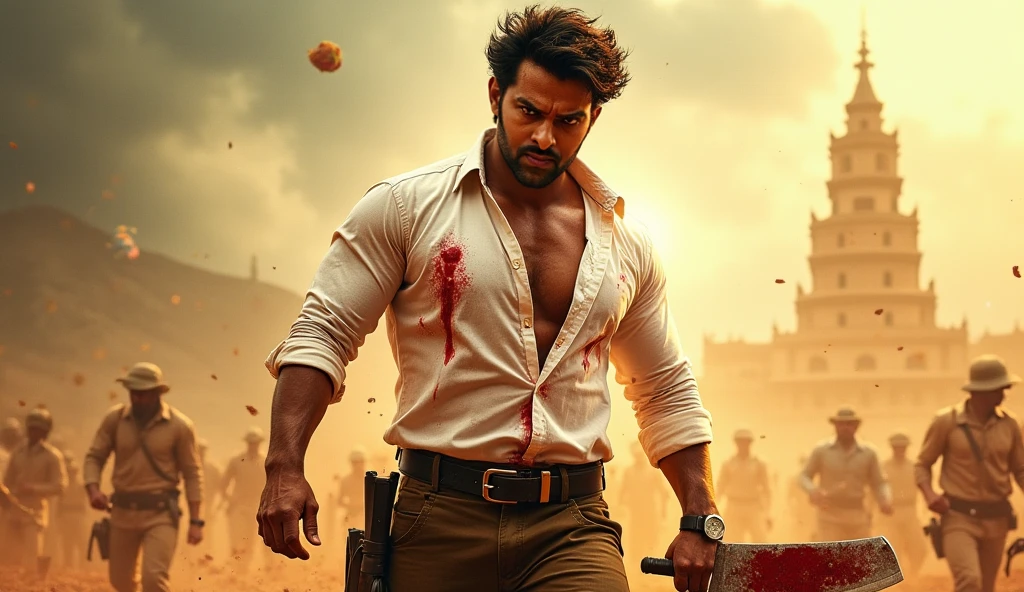 Main character:-ram charan with body with white shirt and black jeans and black shoes in his shirt blood drops are visible and listings music in wire earphone and smiling with chill mood. And
Background:- in the glass place every were every where in was blood and dead body laying in the floor. Dead body are there
Villains:- huge body builders more than 50 peoples with dangerous weapon and move the weapons towards main character and in full angry mood going to kill white shirt man and all body builders look him