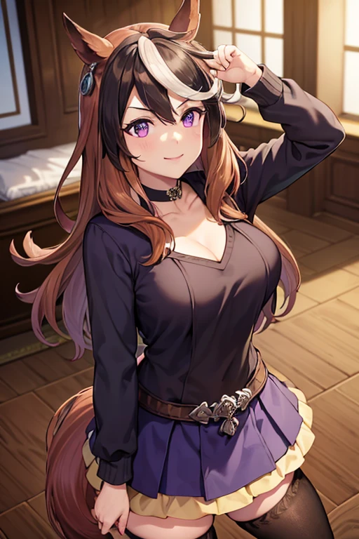 Masterpiece, high quality, 4k, best quality, Background in bedroom, girl, light brown hair, purple eyes, big breast, wearing pajamas, Sleep on your back on the bed, Hat Above head
