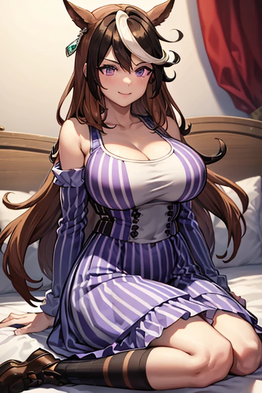 score_9, score_8_up, score_7_up, score_6_up, score_5_up, score_4_up, yu hee, golden eyes, red hair, long hair, thigh, elegant, purple yukata dress, Kneeling on the bed, traditional, smiling, solid,
