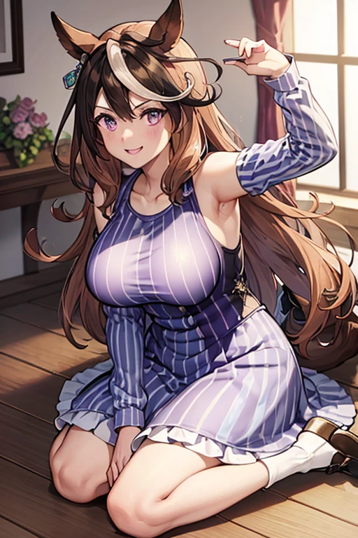 masterpiece, highest quality, Absurd, Perfect Anatomy, Beautiful background, Beautiful Face, Beautiful Eyes, Beautiful body, 1people々々 girl,(noodles)、from the front、Portraiture、 Twin tails、Brown Hair,blush、{chest、Nipples}、Blue lace bra、smile、AKB48 Idol Costume、Sitting on the steps of the station、Skirt with hands on knees、Blue lace panties、Knee-high boots
