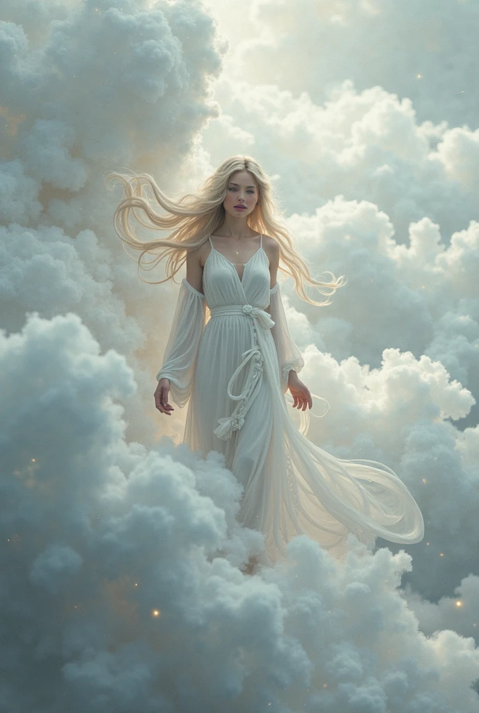 Generates a beautiful Greek goddess called sýnnefo with a good body, yellow lips, blue eyes, white hair, white skin with gray surrounded by clouds, white dress with black and black heels
