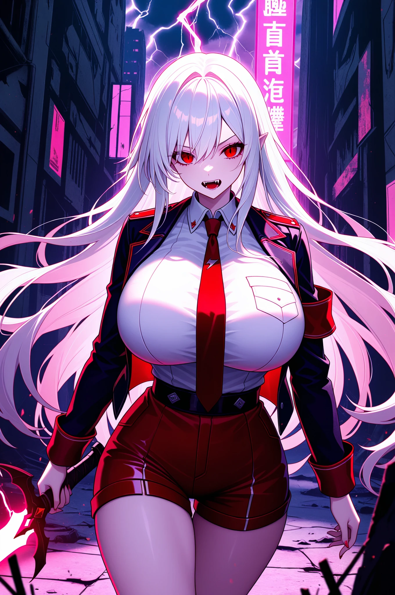 long white hair, vampire, red eyes, uniform, white shirt, tie, red shorts, holding glowing sword, 1girl, solo, vampire fangs, huge breasts, ruined futuristic city, dystopia, lightning storm, pink lighting, volumetric lighting, cinematic lighting, masterpiece, best quality, amazing quality, very aesthetic, absurdres, newest,