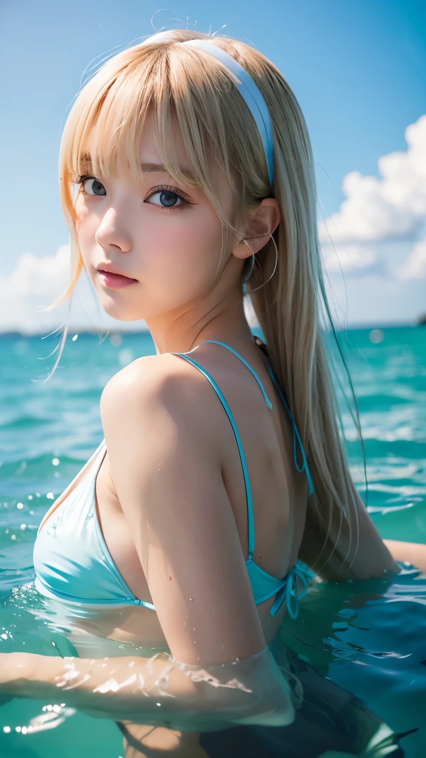beautiful、masterpiece、highest quality、hiqcgbody、1 girl、 A very beautiful blonde girl、super long blonde straight hair、Very beautiful bright light blue big eyes、bangs between eyes、very big eyes、Samyang、White and beautiful glossy skin、olympic swimmer、competition swimsuit、portrait shot、looking at the viewer、partially submerged、outdoor pool、wet skin、intricate details、>Floating blonde、