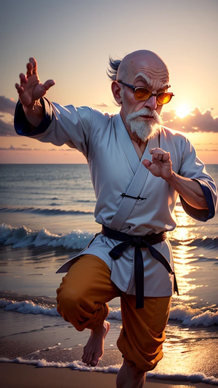 Create an artistic logo for the brand 'Kung Fumaça' with the slogan 'keep kalm and fumarstê'. The style must be in the form of a drawing. The art must feature an elderly kung fu master, with long thin mustaches, smoking a pipe filled with cannabis and releasing smoke, while performing a kung fu movement. Use a color palette that includes white, black, gray, red and yellow.