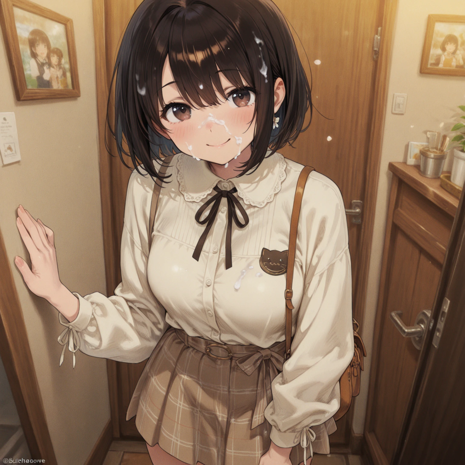 Highest quality,(Beautifully detailed white panties),She looks at me teasingly.,(Stupid smile),on the train,(She is excited to show her panties under her skirt:1.3),(She forces me to masturbate in her panties),(steam)、High humidity,evening,Dark car interior,She is looking down at me,I was frantically masturbating in front of her while looking at her panties.