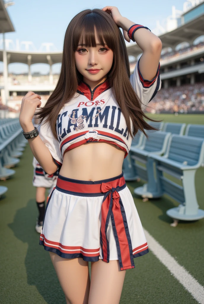 top-quality、hight resolution、ultra-detailliert、masterpiece、Raw photography、realisitic、Photorealsitic、extremely delicate and beautiful、finely detail、Textured skin、full-shot、(Sky from below)、1womanl、japanes、22year old、(Professional Baseball Team Cheerleading)、(Cheering seats in the stadium)、(beauitful face:1.5)、(Showing white panties:1.2)、(Highkick:1.5)、itting open legs、Open your crotch、(Pubic hair sticking out of panties)、Cheering uniform、(a miniskirt:1.5)、tall、Brown hair、Wearing makeup、(Bare legs:1.5)、Do not wear anything on your arm、perfectly proportions、(At SFW)
