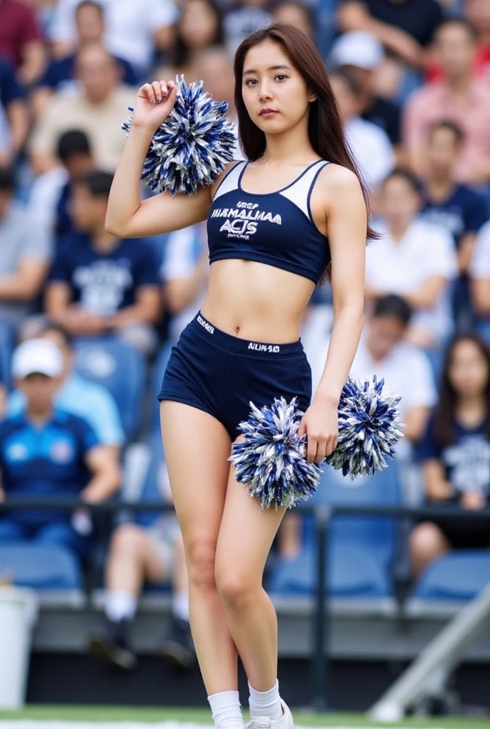 1人の女性、8K、Raw photography、(top-quality、masterpiece、intricate detailes: 1.4)、(realisitic、Photorealsitic: 1.3)、(reallistic: 1.3)、Photorealsitic、 Japan Cheerleaders、Only pompoms in the hands、a navel、skirt by the、((Woman standing:1.8))、Stadium Background、(Beauty like an actress in Japan)、(cheerleaders:1.6)、(Bob Hair:1.8)、(wetting hair)、(Wet bangs)、wetted skin、(nipple protrusions that can be seen through)、 20yr old、(a small face:1.5)、(Facial expressions with smiles)、Light makeup、Thin eyebrows、 detailed and beautiful faces、A detailed eye、(Tear bag:1.1)、Detailed finger、Detailed legs、Detailed skin、Medium chest、Lustrous hair、Lustrous skin、Wet and drippy hair、Wet and drippy skin、Wet clothes、(no-bra)、(No Underwear)