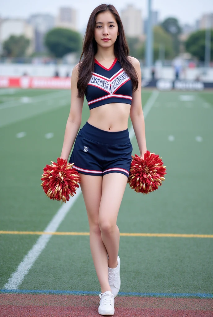Cheer leader on sidelines, jumping, cheerleader uniform, pantyhose, sneakers, Pom poms,