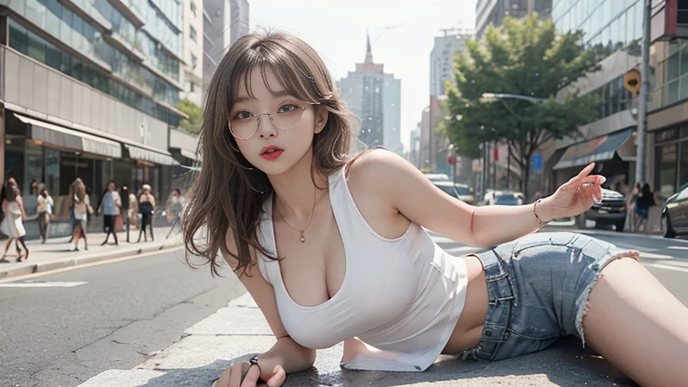 (masterpiece:1.4),(highest quality:1.4),ultra high resolution,((detailed facial features)),HDR,8K resolution,1 girl,blue sky,wavy mouth / :3,(shiny),Sadako,street,shirt,earrings,short jeans,big breasts, wet skin,shiny skin,, ,socks over thigh high socks,looking at the viewer,Perfect for your skin,focus only,naughty face,