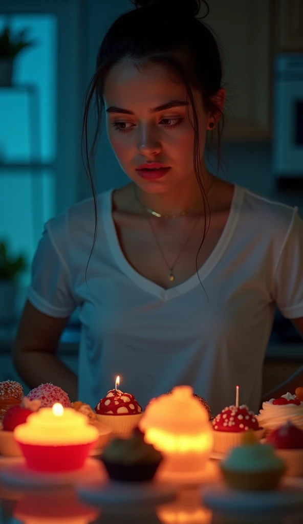 generate a 21 years old young white woman with dark brown hair, medium size chest, md style,woman,birthday cake,candle,contemplative expression,,celebration,from the side, open eyes, thoughtful,glass table,petals,dark background,elegance,one person,side-swept hair,seated position,night time,selective focus,bokeh,soft lighting,