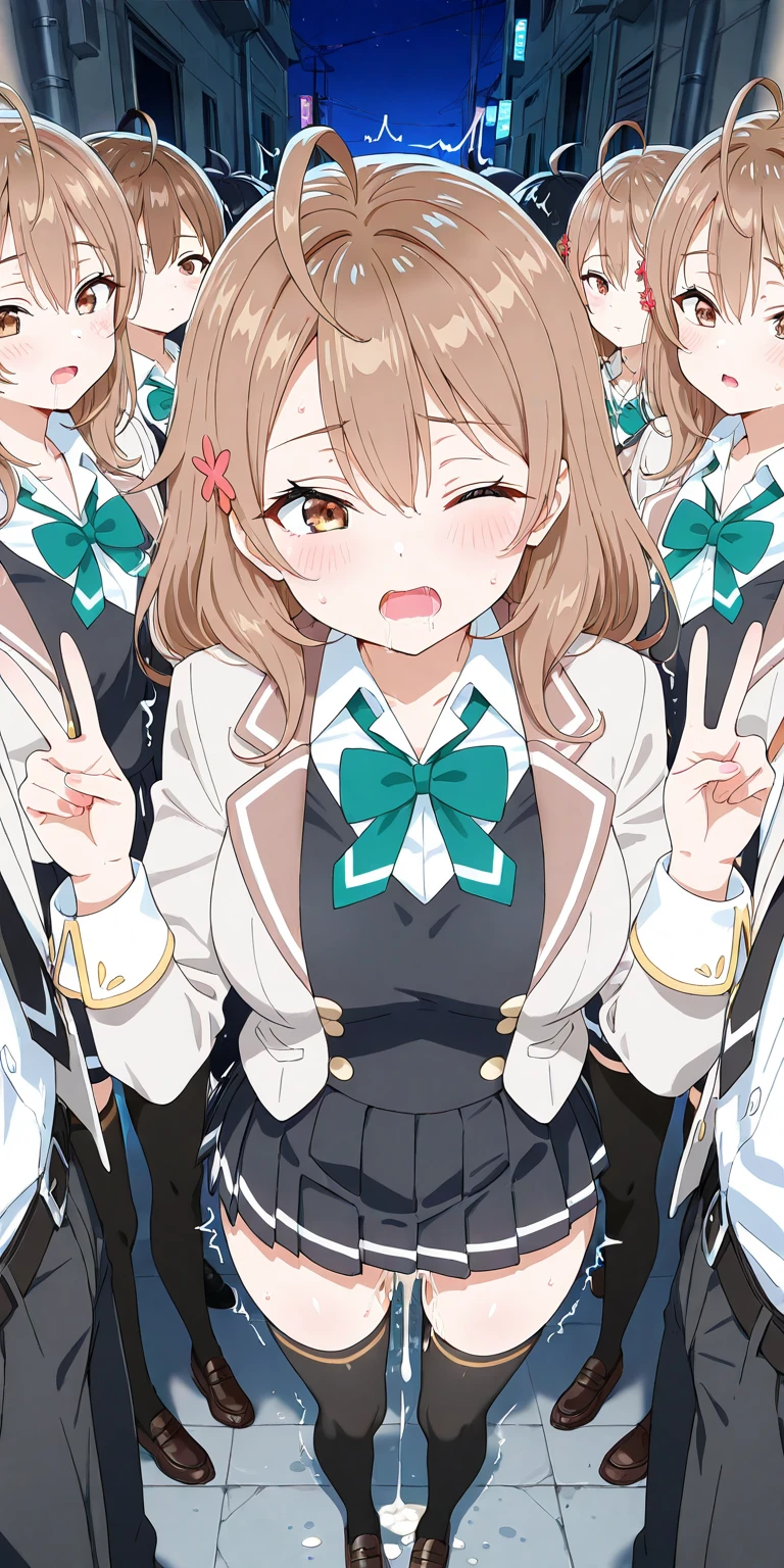 Black Hair Bob Girl、Girl with long brown hair、Blazer uniform、Skirt flip、Panties in full view、Standing posture、classroom、Shyness、Crying face、resistance