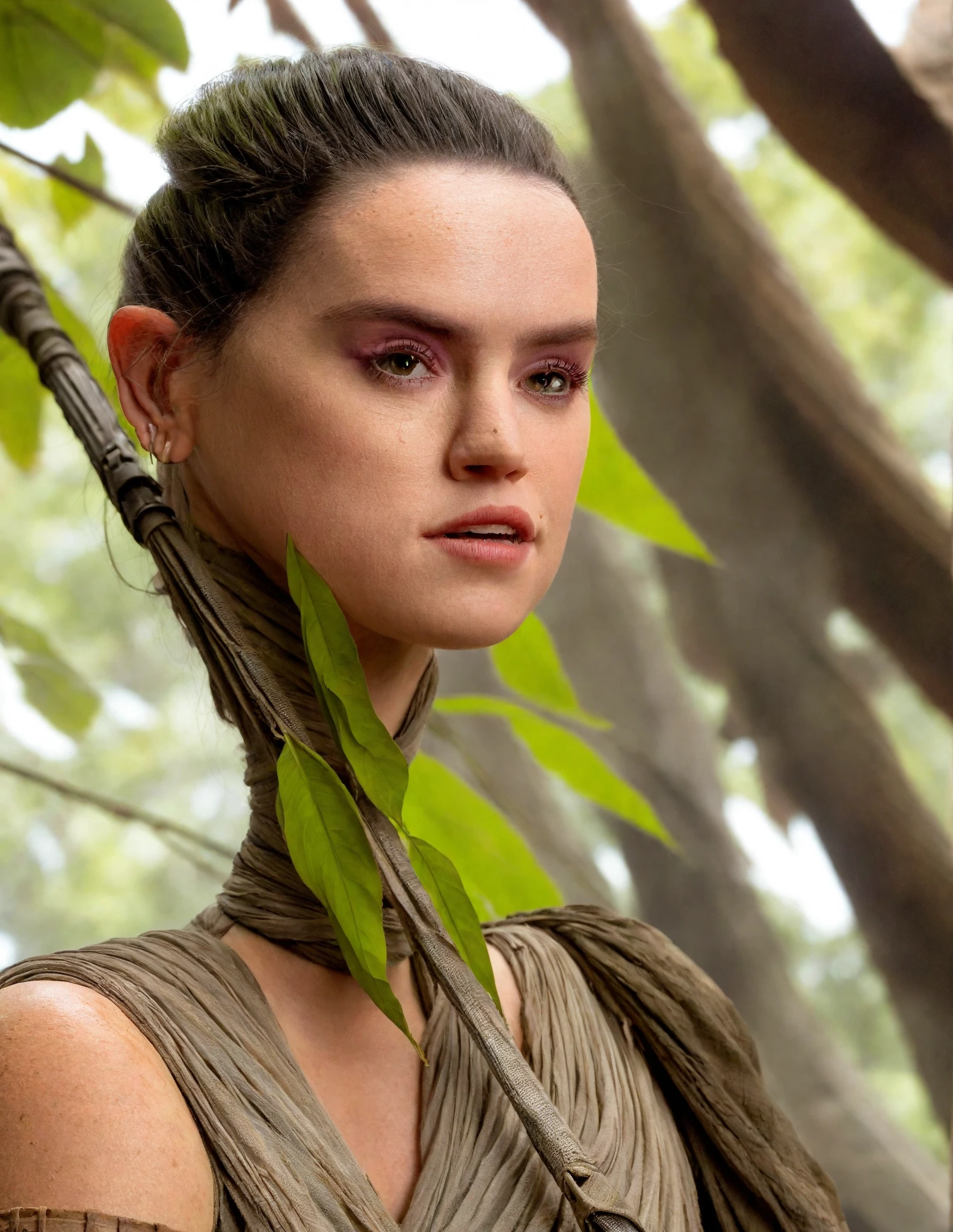 DaisyRidley,<lora:DaisyRidleySDXL:1>Anime portrait by WLOP and Artgerm, trending on artstation, (masterpiece, best quality), 1girl, pixie, in a fantasy forest, green Short Wavy Hair with, Size DD breasts, pink Corset top and Ruffled mini skirt kneehighs,