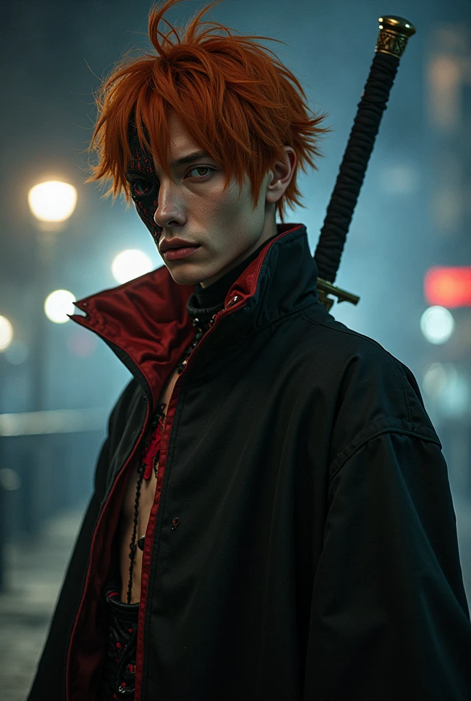 Young boy with handsome face, short red hair, Japanese haircut, gray eyes, long eyelashes, black collar, Japanese schoolboy outfit, behind broken glass, red liquid, sad expression, ultra-detailed, in shadow, scar, alone, demon shadow looming on wall, dark, horne, blood.