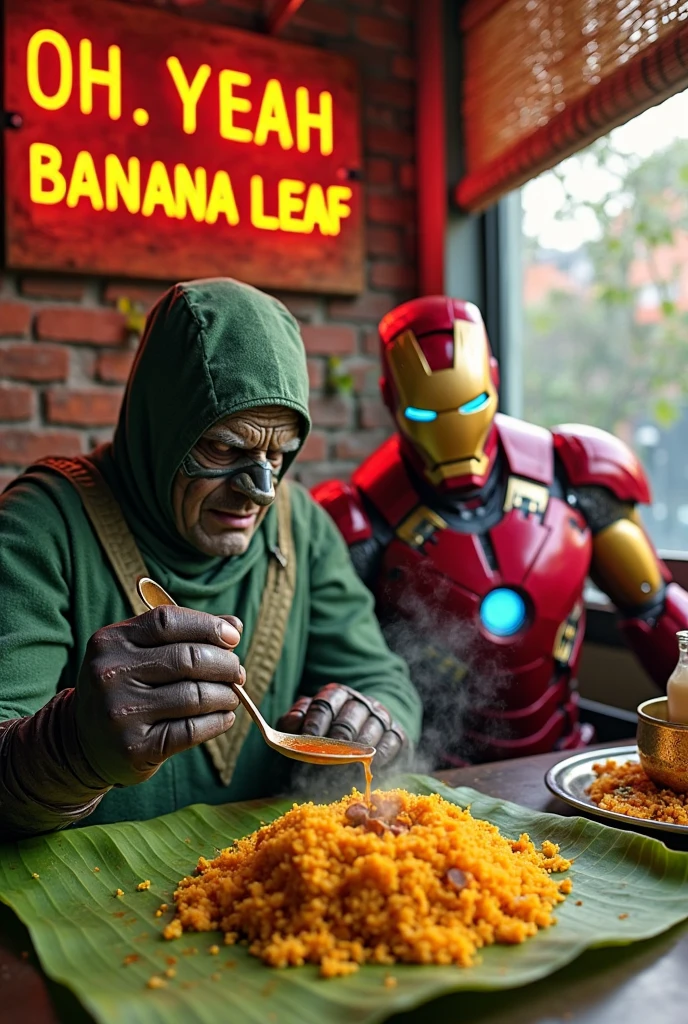 two men dressed as the joker and the joker in a restaurant, inspired by Rudy Siswanto, portrait shot, by Basuki Abdullah, supervillains, by Rudy Siswanto, in style of marvel and dc, son goku as the incredible hulk, (fantasy), akehiko inoue and ross tran, album art, inspired by Igor Morski, hulking