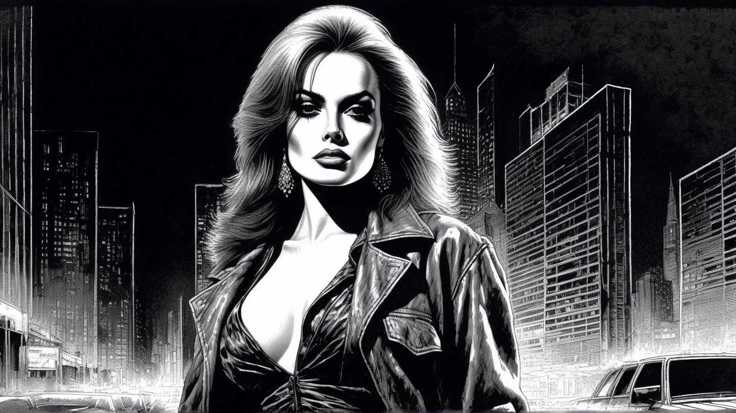 (vector art), (ohwx woman), Jesica Alba as Nancy Callahan in Sin City, Frank Miller style, realistic, vectorized, vector art, full shot, (jesica_alba),