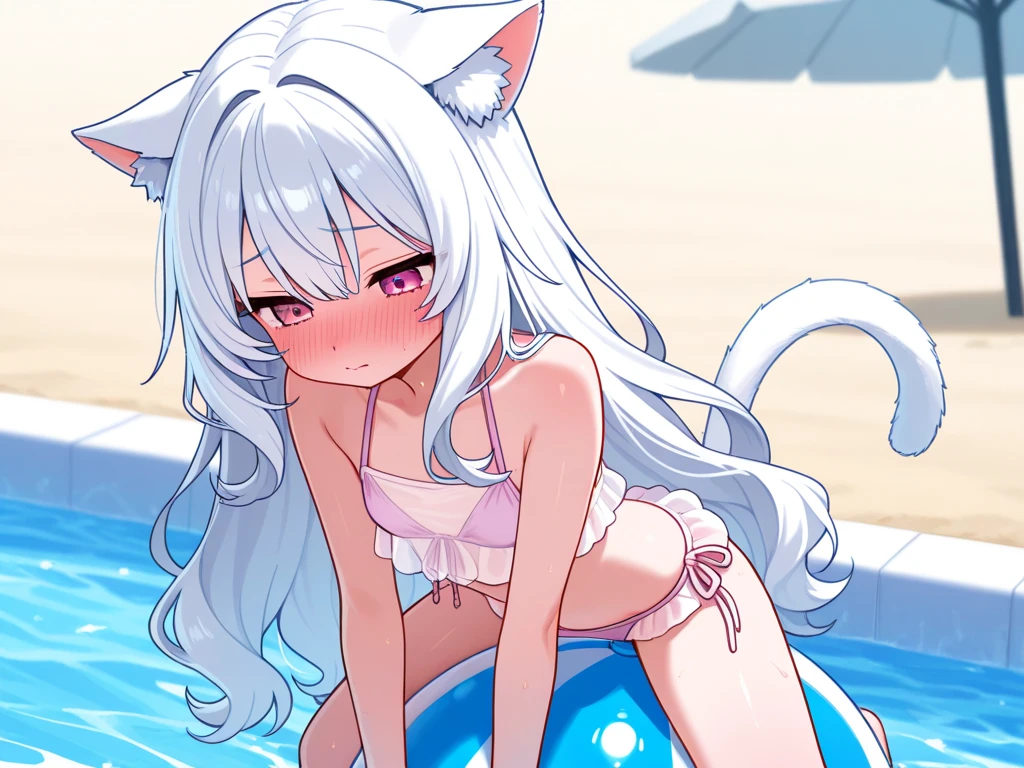 Masterpiece, Best Quality, extremely detailed, cheered up, Cat ears girl ,night pool,high waist bikini,SMILE,:d,action,ass focus