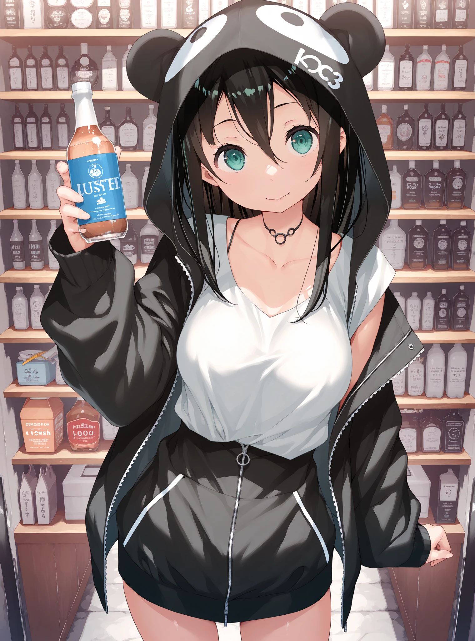 1girl, solo, long hair, bottle, breasts, shirt, streaked hair, white shirt, simple background, black hair, gym uniform, short sleeves, multicolored hair, blush, large breasts, sweat, see-through, bra visible through clothes, bra, buruma, bangs, wet clothes, blue buruma, white hair, wet shirt, gym shirt, pointy ears, very long hair, wet, underwear
