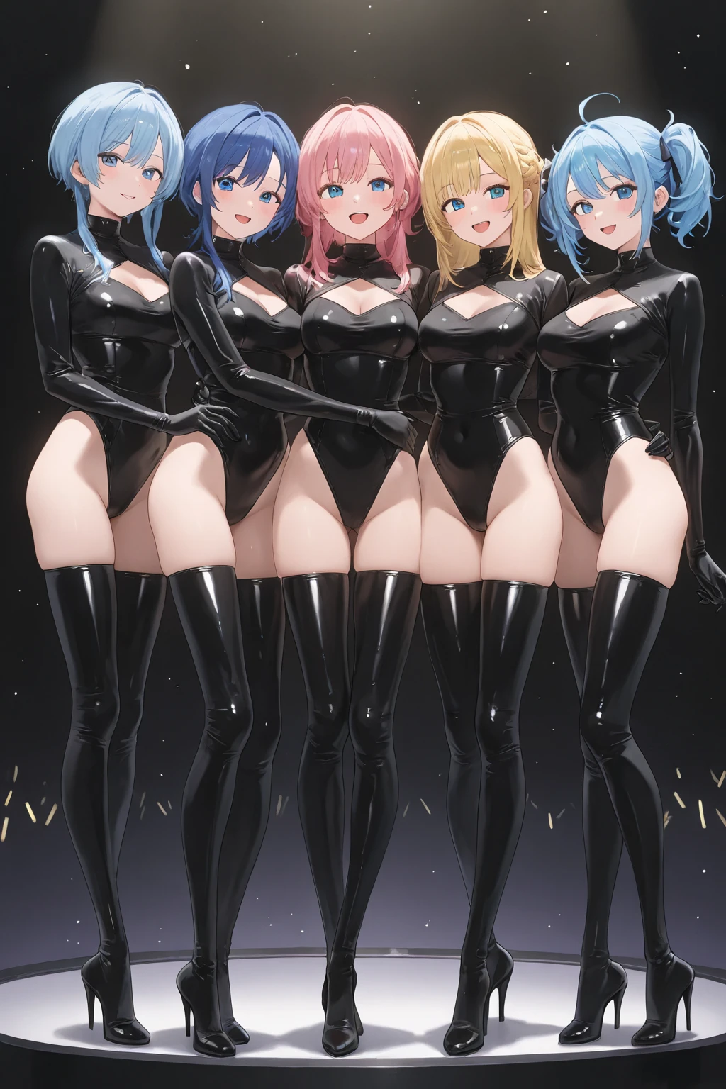 Best image quality, 8k, high quality, ((masterpiece)), (High detail), 　(((Perfect Anatomy, Perfect Style))),　The background is a bit blurry, Depth of written boundary, Portraiture, Open Stance, (Mature Woman), (Cute illustrations:1.2), Poolside, (Multiple girls with different hair colors and styles:1.2), (Three Girls　1 person in the middle　Others are on both sides),　Approaching the camera　Leg spread)，　(Dawn, Beautiful light, Professional Lighting, (Small breasts), (One-piece turtleneck bright color high leg　((Gloss:1.5))　Tight swimsuit), sexy, Dynamic pose, It&#39;s so much fun that I lose track of time while playing., smile, Dynamic Angle, ((Armpits:1.2)), barefoot, Photographed looking up from the ground　Angle including the crotch、((The swimsuit is tight and shows off her body lines.　Wrinkles are frequent:1.2))、Her whole body was wet and shiny like she&#39;d been oiled.、cumulonimbus,　Contrail,　The blue sky spreads,　Outdoor school pool、　The sunlight pours down and reflects off the swimsuit, making it sparkle.、　bright