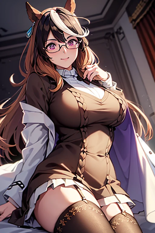realistic, photorealistic, colorful, great lighting, ultra-detailed, dynamic angle, masterpiece,(solo:1.1), perfect face, (bright lighting:1.2),beautiful detailed eyes, extremely detailed face, perfect lighting,masterpiece, best quality, 1girl, {hair (darkbrown), (long hair), (2 ponytails)},
look up from below, back facing, classroom, sofa,
darkbrown bunnygirl, high-heeled shoes, stockings, glasses, ribbon bows, sweaty, wet body, thighs out, buttocks, large breast, slim, slender, translucent, Embarrassed expression, blush
