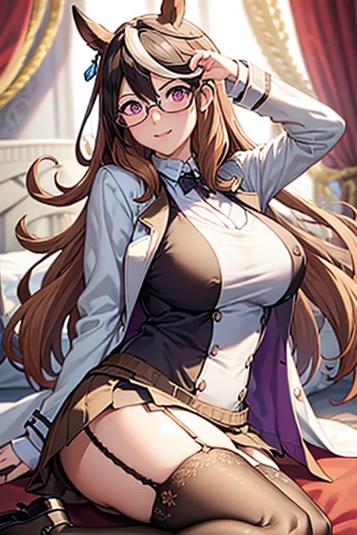 Trading card of (top-quality、tmasterpiece、Very high resolution、super high image quality、High-quality pixels)、perfect eyes, perfect face, solo,8K, F cup breast,(Detailed description of hair), (Detailed description of face),(Detailed description of body), fair and clear skin, matchless beauty, long legged, facing the audience, professional photographic lighting,detailed purple eyeballs,girlfriend style,gentle expression,cowboy shot,hanekawa tsubasa, hanekawa tsubasa, long hair, black hair, hair ornament, (purple eyes:1.1), braid, hairclip, twin braids, naoetsu high school uniform, glasses, skirt, Red bow on chest, purple , Age 20,mature,furry cat ear,cleavage,ssmile,cat posture
