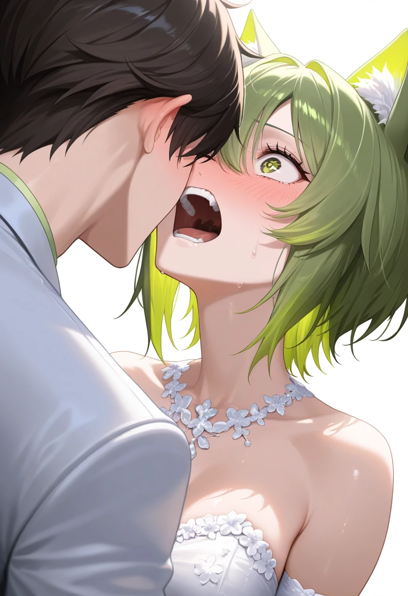 masterpiece, perfect anatomy, Precise, High Quality, 1 European girl, bob cut, light green hair, wavy, light green eyes, kind eyes, oval eyes, large breast, saliva trail, povfellatio, penis, (fellatio, sucking penis, pov, open clothes, breast:1.4), boy