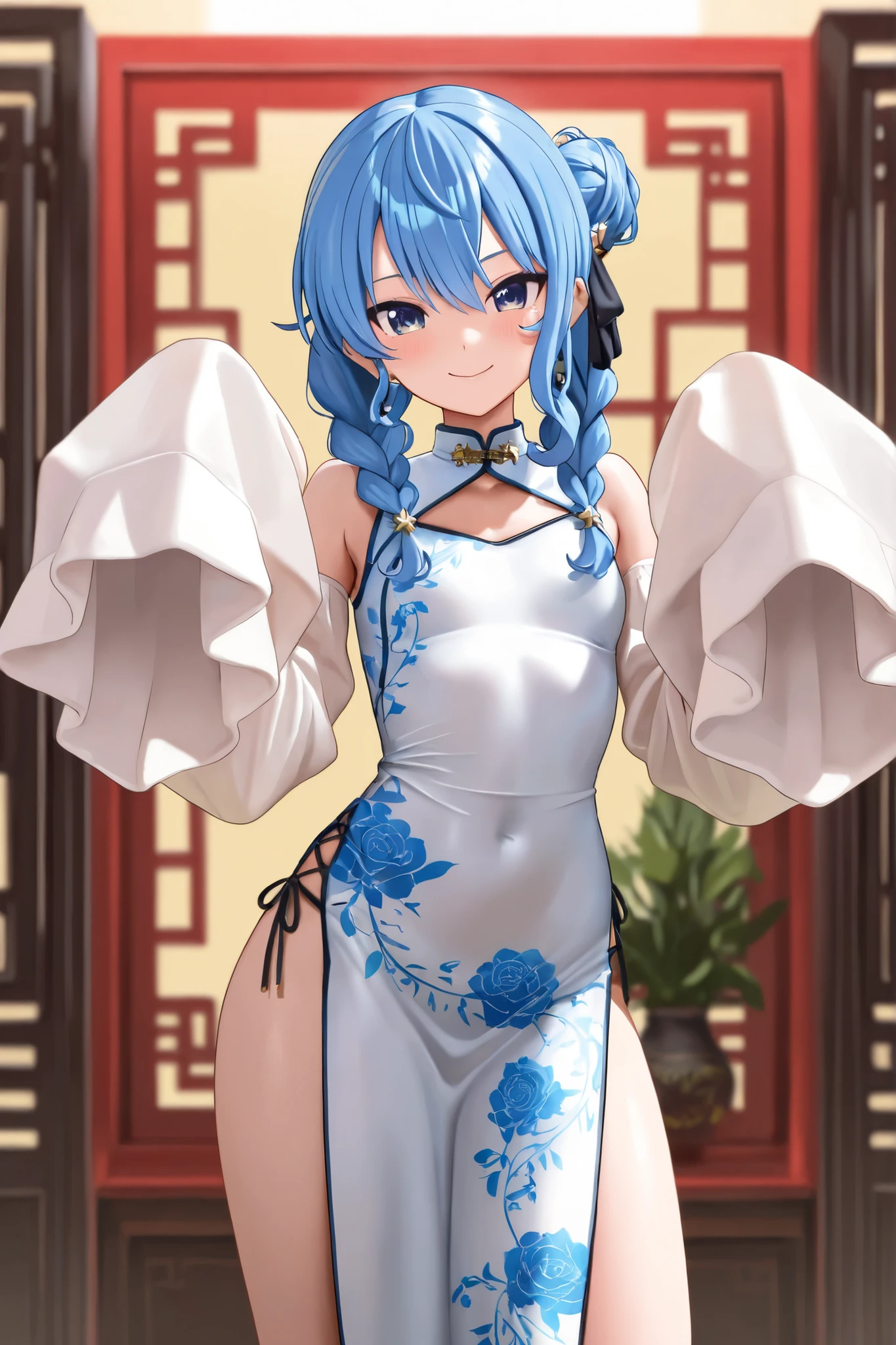 Genshin Impact,Ganyu,Cute sheep horns,Winking eyes,Sweet smile,Wave hello,Chinese style cheongsam,Second Dimension,Octane Rendering,masterpiece,Highest quality,Ultimate details,8K resolution