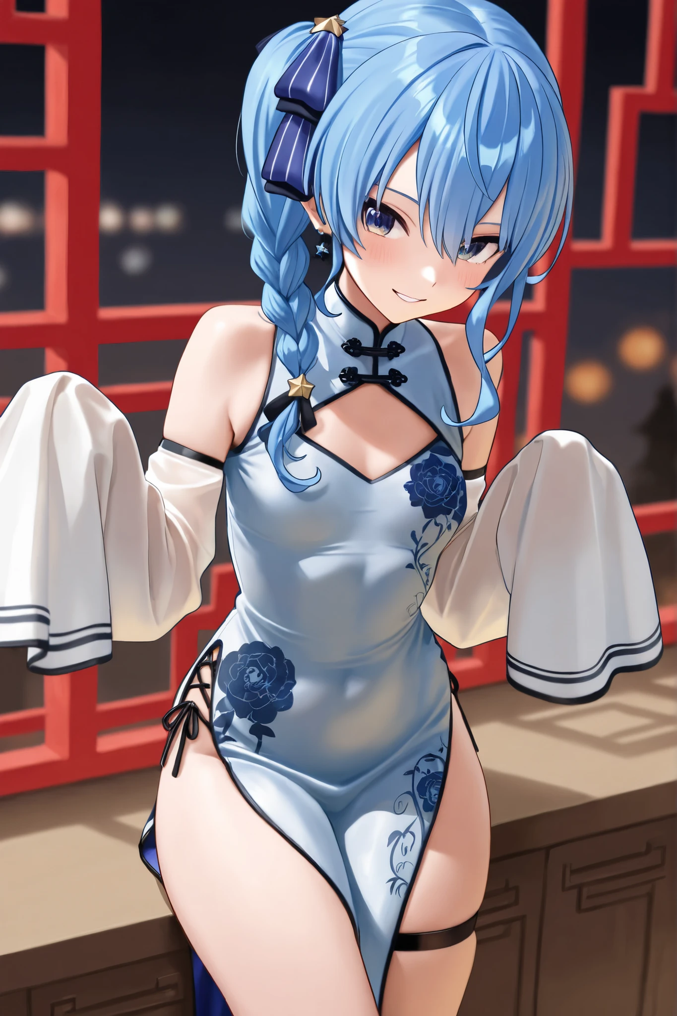 Blue Hair，blue eyes，Cat ears，girl，Girl，Small breasts，Long Hair，Twin tails，Lolita，Small breasts，Bright smile，Looks like 13 years old，Petan Musume，short，目のhighlight，Sexy thighs，Attractive thighs，Please show me your armpits，Your eyes are so beautiful，highlight，とても美しいhighlight，Chinese clothing，Chinese restaurant