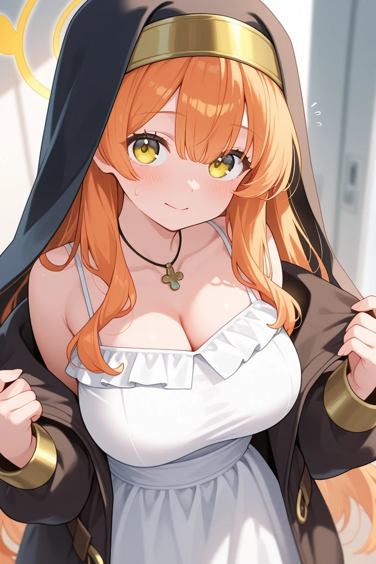 Fantasy,1girl in,beautiful a girl,(((Long straight orange hair))),Beautiful detailed green eyes,((onmyouji)),((suikan)),(Large white cloak with red decoration),(((Beautiful white micro bikini))),((smile)),Clear blue sky and beautiful clouds,((upper body))