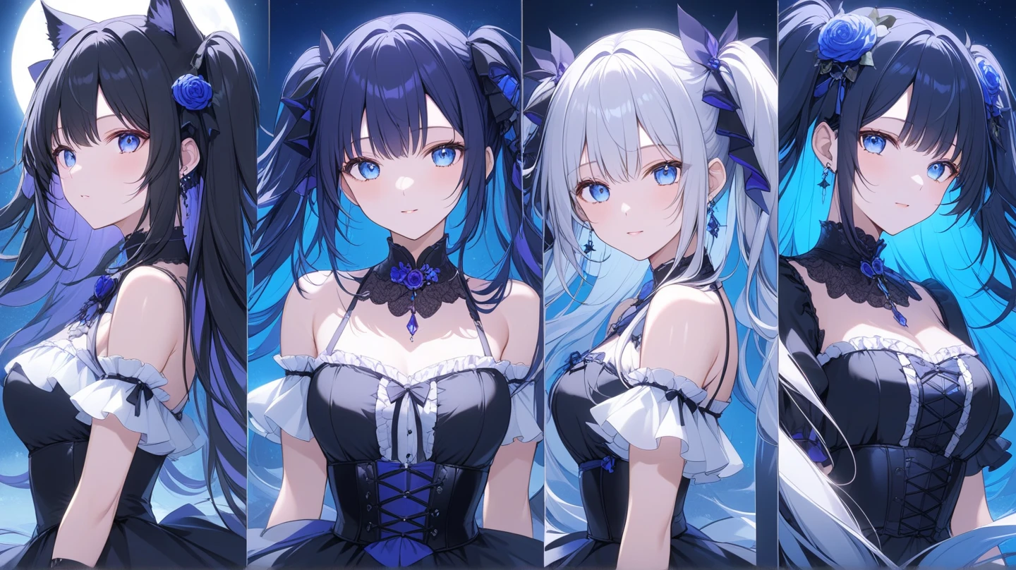 Pair icon twins star moon deep blue hair dark blue eyes goddess style