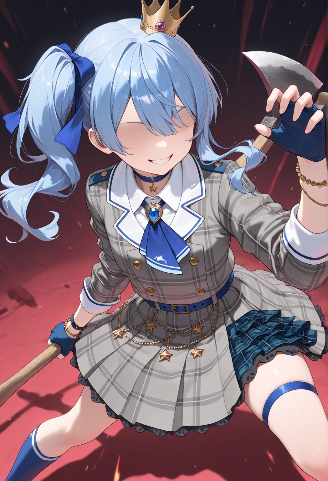 masterpiece, best quality, (score_9, score_8_up, score_7_up,score_6_up), source_anime, 1girl, rating_explicit, <lora:HoshimachiSuiseiPDXL:1>, <lora:StS-SDXL-Foreshortening-v2-Iter9-LyCORIS:0.6>,HoshimachiSuisei, side ponytail, blue hair ribbon,SuiseiBase, side ponytail, plaid beret, crown, blue star choker, star earrings, blue ascot, grey plaid jacket, grey plaid skirt, layered skirt, partially fingerless gloves, star bracelet, uneven legwear, thigh strap,sts-foreshortening-v2, foreshortening, (holding, knife, holding knife,holding weapon:1.1), running, chasing, reaching towards viewer, crazy eyes, blood on face, blood splatter, blood on clothes, blood on knife, smile, street,<lora:sd_xl_dpo_lora_v1:1>