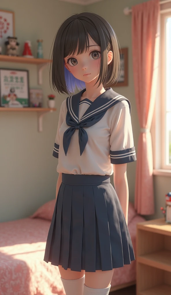 Highest quality , High resolution , Detailed CG , short hair , Sailor suit , Navy Blue Skirt , Modest chest , Black Hair , Two limbs , Optimal ratio , Embarrassed expression , Burning cheeks , School , Schoolyard , touching one's own breasts with one's own hands , Facial expression when orgasm is reached , rain , Panty shot