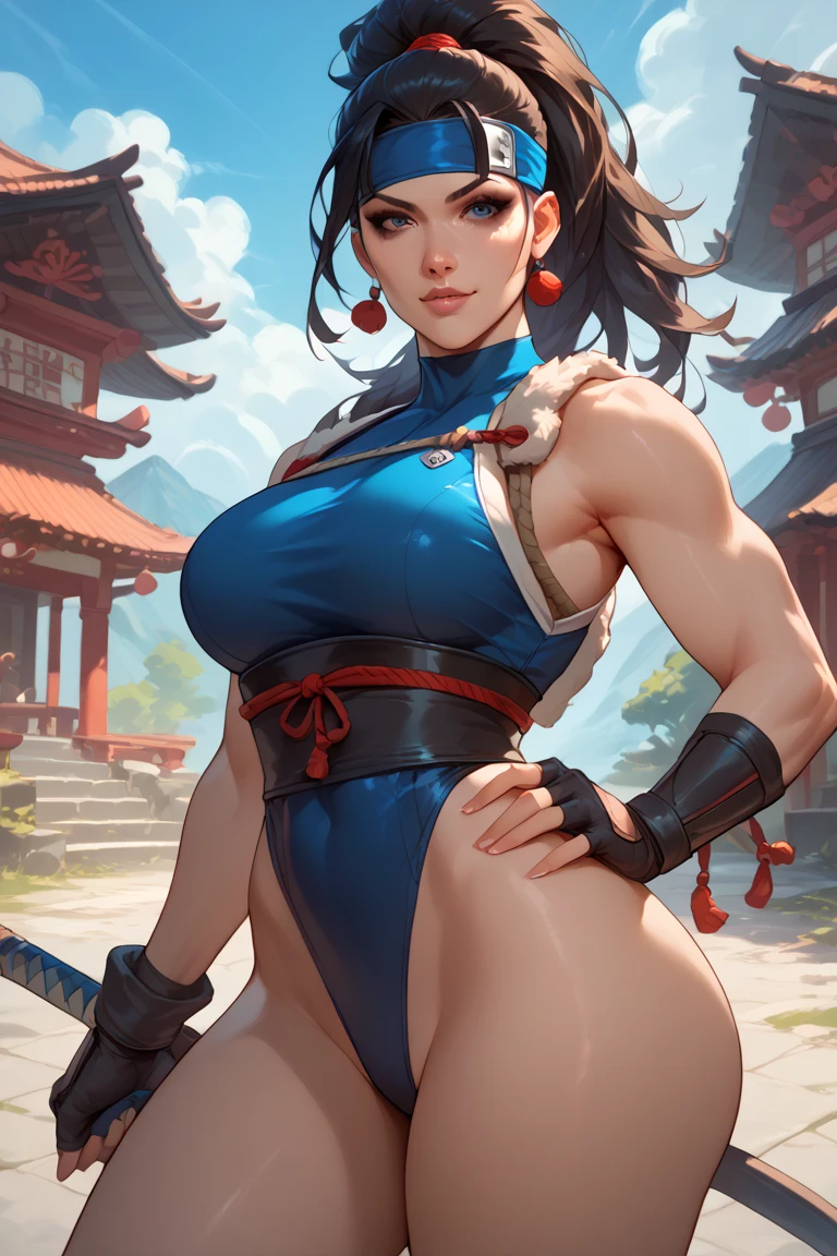(masterpiece, best quality, high resolution),cowboy shot, 1girl, solo ,sfiii, ibukims, huge breasts, huge ass, bandages, ninja, hip vent, wrist wrap, ankle wrap, brown clothes, ((sweat)), blush, torn clothes