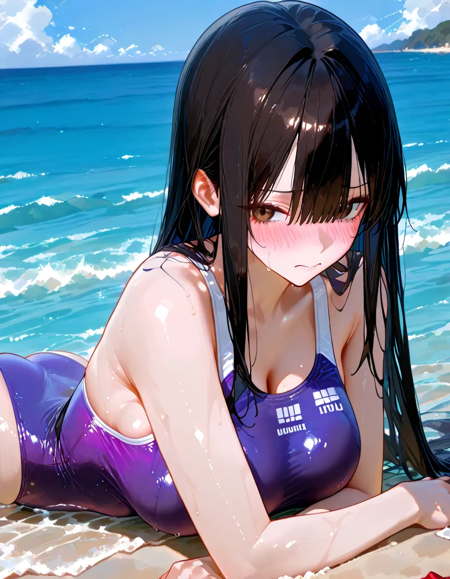 1 girl(athlete swimsuit, dark purple straight hair, big breast, orgasm, self cum), beach, water side, rock shade