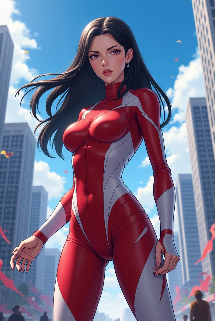 1girl, Stretcher the busty brunette comic book woman, masterpiece, beautiful, high quality, high definition, superb quality, highly detailed, super detailed, elongated arm, extended arm, stretched-out arm, reaching toward camera, depth, happy, smiling, (((100-meter-long rubber hose arm))), long hair, huge ponytail, slim, thin, athletic, womanly, rubbery, elastic woman, (white and red spandex, white and red legs, tight top), rubber body, brunette, ((huge breasts, slim waist)), city, heroic, cheerful, (bold nose, hawkish facial features),