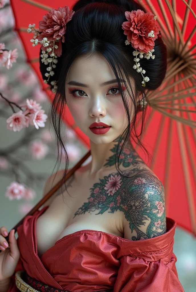 8k, high res, HQ, UHD, (photorealistic:1.4), masterpiece, hyper-realistic detailed photography of beautiful (young geisha:1.4), wear hanging down (silk kimono:1.3), ((elegant pose, exposed cleavage):1.3), ((pose on the dusty road, tokyo in the past time):1.3), slim fit body with ((irezumi tattoo, dragon motif):1.32), facing forward, thin sagging breast, sexypose, detailed body feature, proportional perfect body, sexy posture, detailed perfect hand, clear bright skin, mesmerizing look, seductive smile, allure gaze, symmetricaly face, perfect face feature, detailed flawless make-up, perfect face with soft skinice face, Intricate detailed grey blue eyes, detailed perfect lips, a bit opened mouth, detailed japanese buns hair, traditional hair accesories, perfect composition, dynamic lighting, graceful atmosphere, blue red tones, low angle shot, seen from below, focus on face, exposed bare body, volumetric lighting, photon mapping
