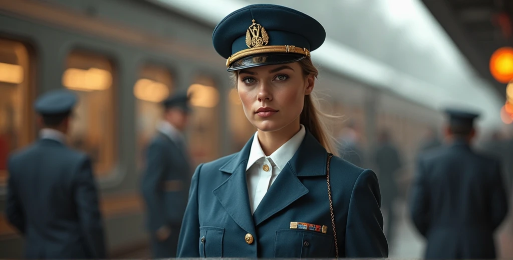 1girll, Solo, Red hair, Red eyes, double tails, employee uniform, pencil skirts, skull print, Navy cap, Orange sky,, Outdoors,retro Train station, Stand in front of the retro train,,