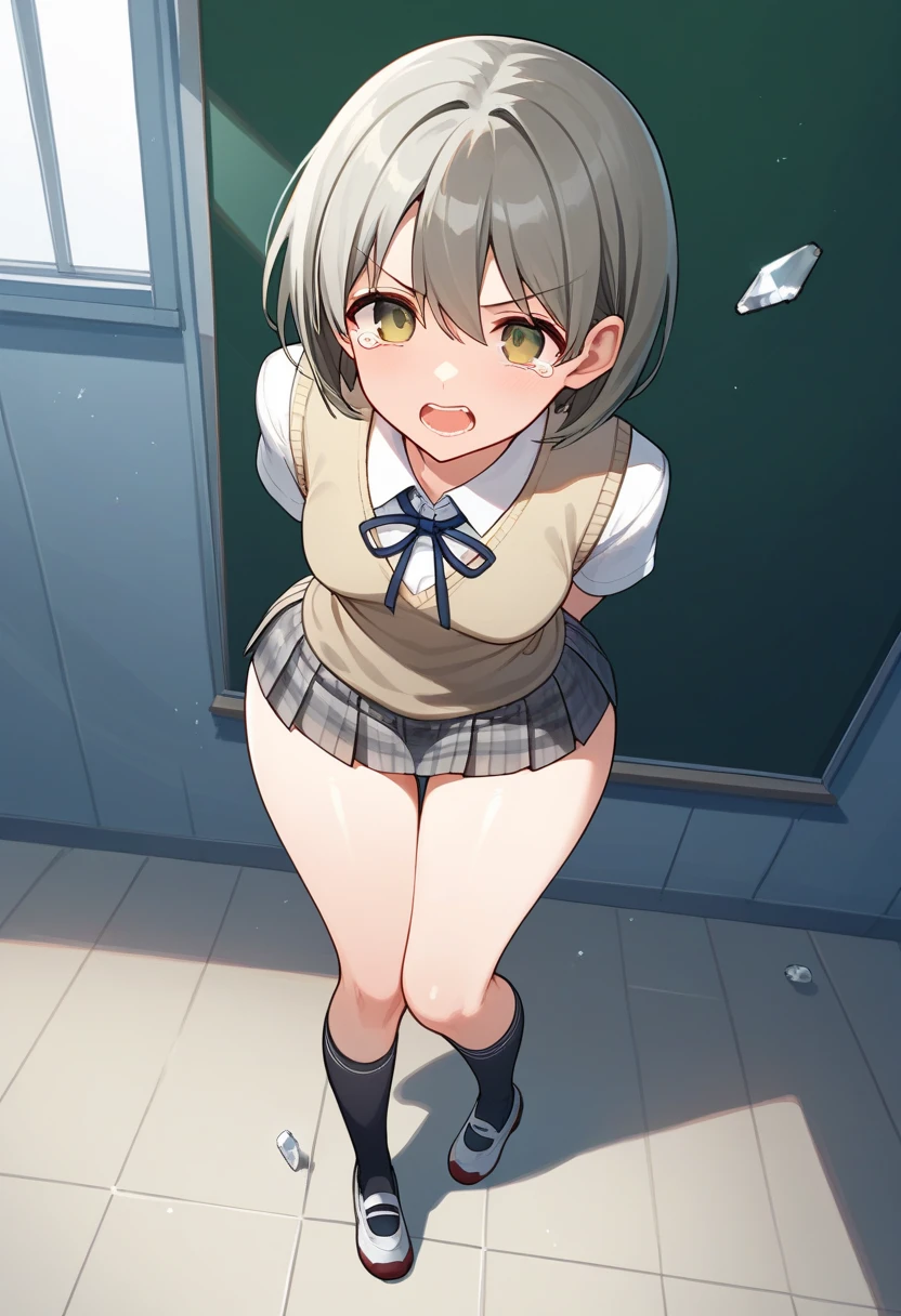 one person、low length、Young Girl、Bangs、Short Bob Hair、Headband、ribbon、Gray Hair、Blue Goth Clothes、Blue maid outfit、Sit with your legs apart、Pussy、Dripping a lot of thick white love juice、blush、Close your eyes and scream、Sweat、See-through clothing、Big Breastasturbation、masturbation behavior、Striped underwear、Picking Pussy、Transparent nipples